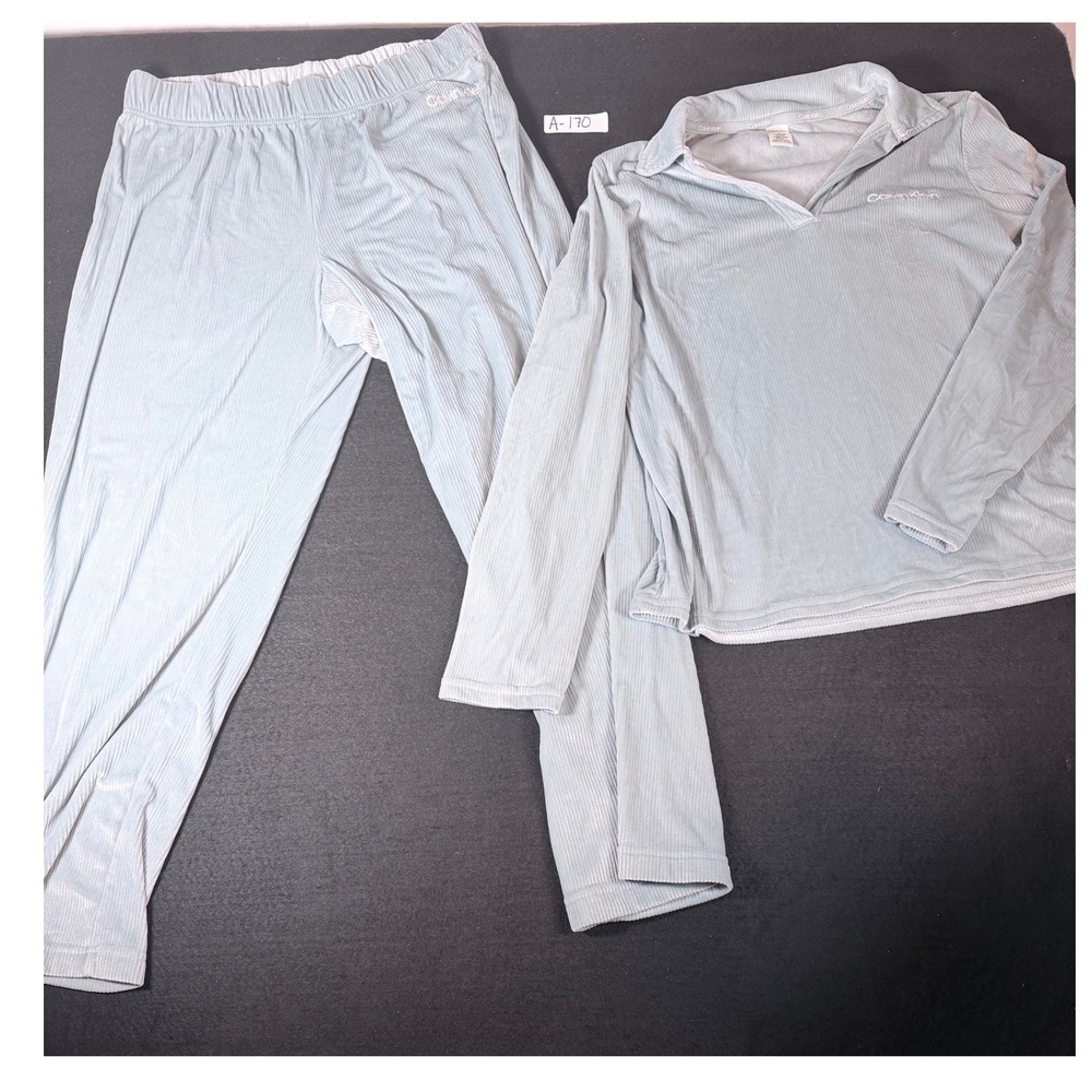 Calvin Klein Women Blue Ribbed Velour Pajama Set Top Pants Size L L/G